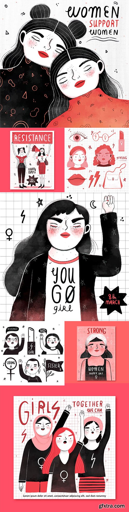 Happy day woman and right flat diesel illustrations
