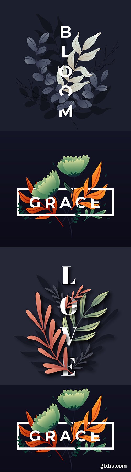 Inscriptions flowers and leaves on dark background
