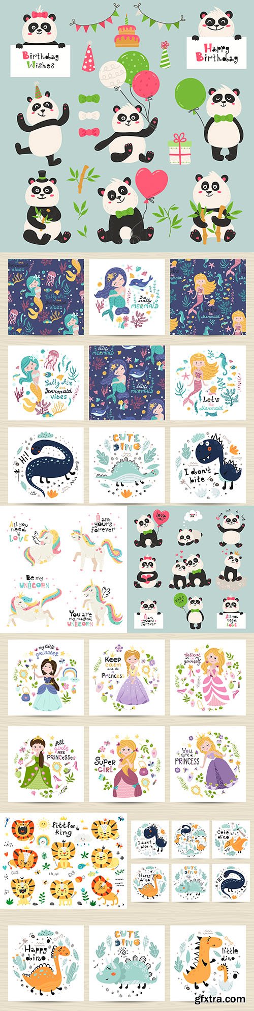 Card set and seamless patterns with cute animals 
