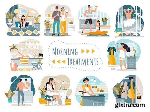 Daily Morning Routine Man Woman Cartoon Characters Illustrations Daily Morning Routine Man Woman Cartoon Characters Illustrations
