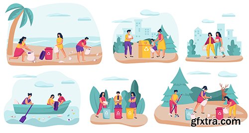 Volunteers Collecting Garbage Nature Illustration Volunteers Collecting Garbage Nature Illustration