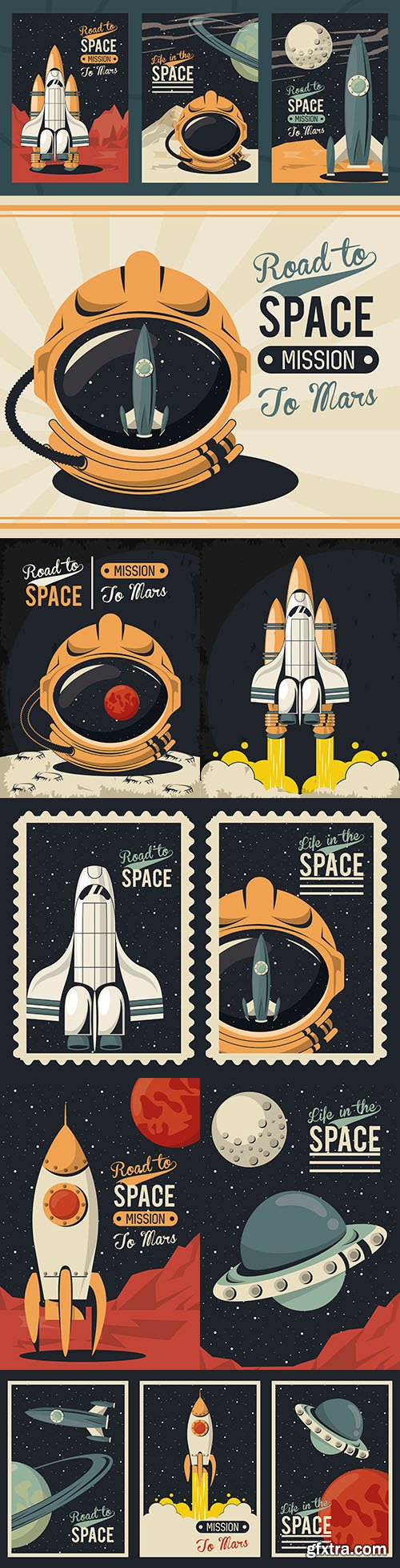 Life in space poster with rocket and astronaut launch
