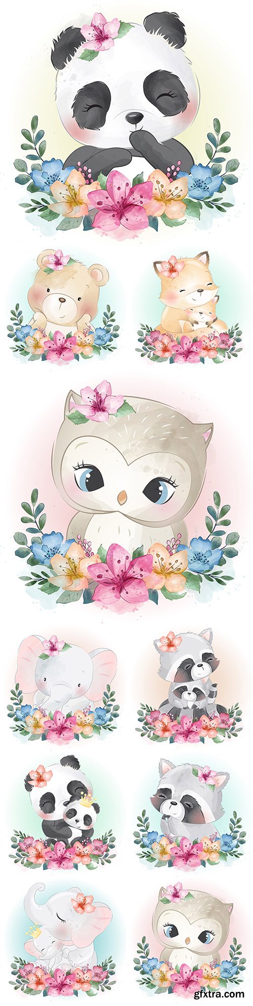 Funny animals cartoon watercolor with flowers illustrations 30
