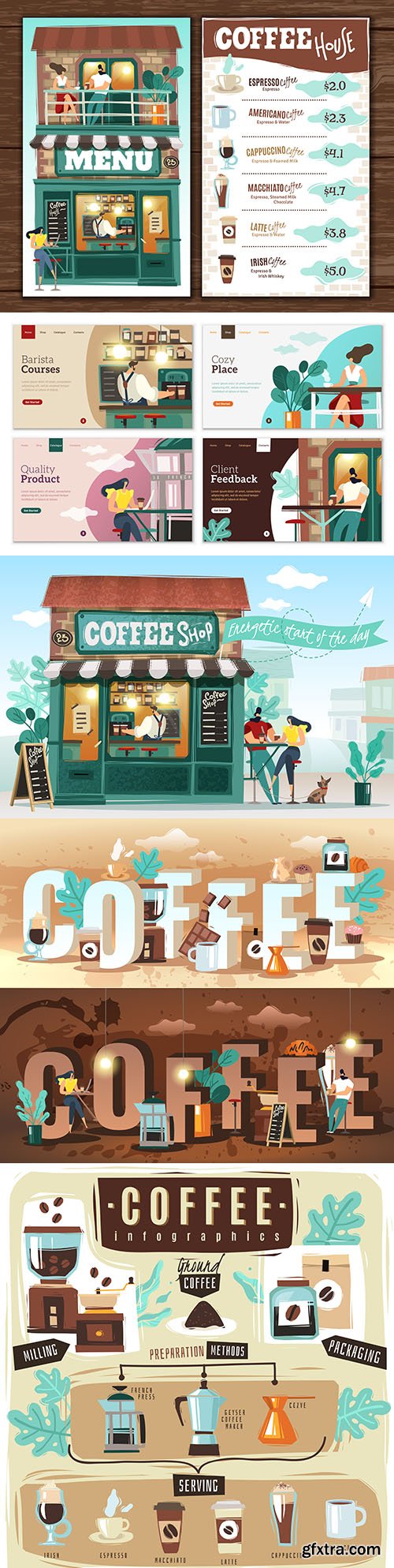 Coffee shop and bar menu illustration banners
