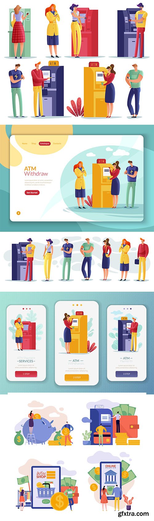 Flat Illustration with ATM Payments People Set