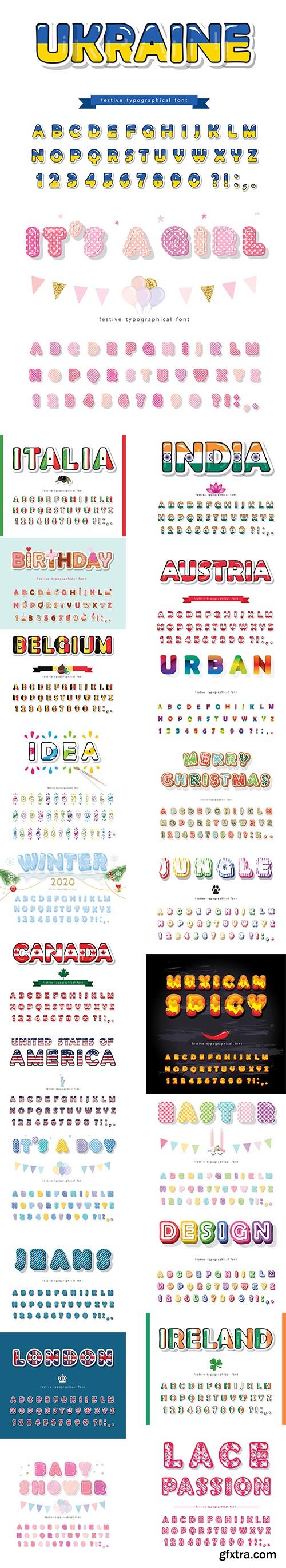 Collection of Various Countries and Holidays Vector Fonts Collection of Various Countries and Holidays Vector Fonts