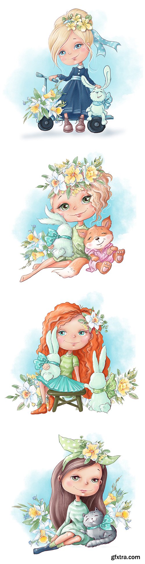 
Cute girl with flowers and rabbit painted illustrations
