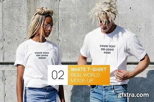 Two Persons White T-Shirt Real World Photo Mock-up Two Persons White T-Shirt Real World Photo Mock-up
