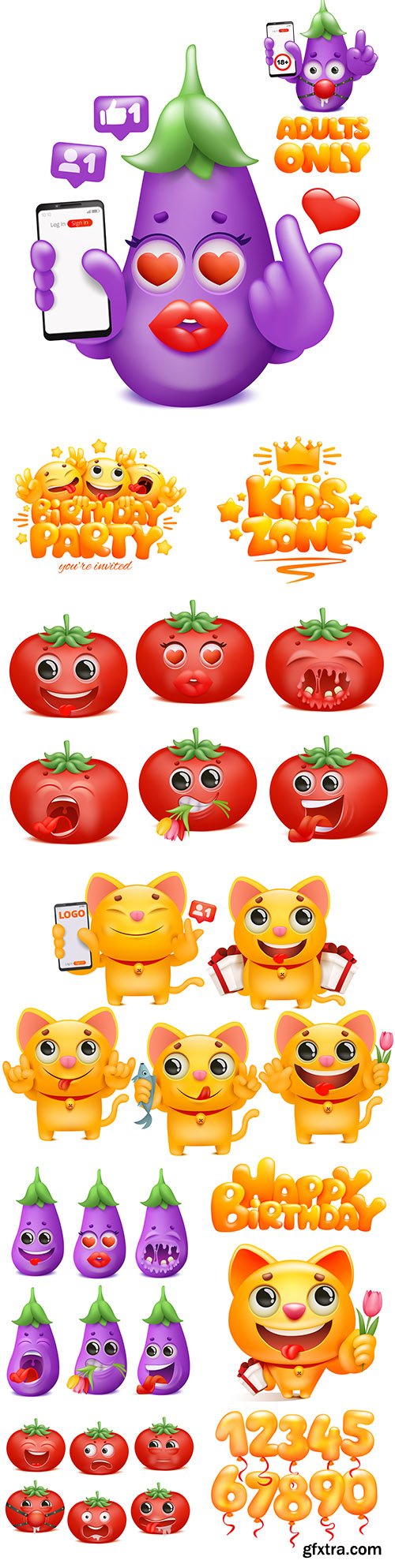 Smiley, tomato and eggplant emoji cartoon character
