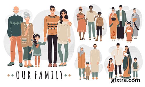 Families from Different Countries Cartoon Characters Illustration