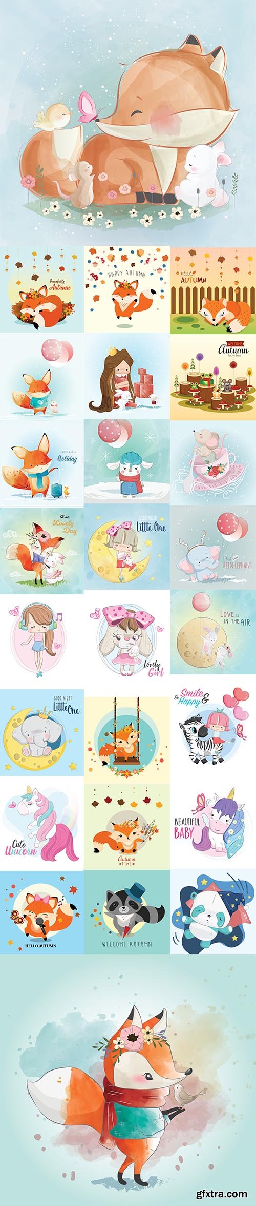 Cute Little Animals and Children Image Vector Set
