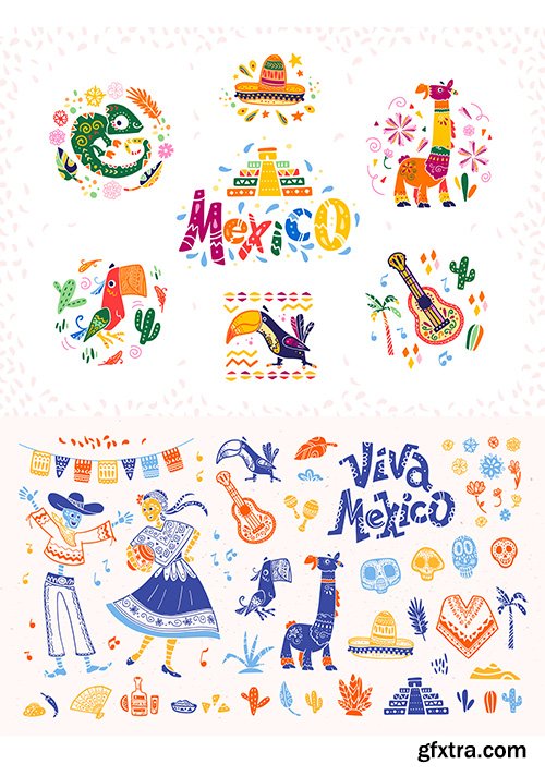 Set of Hand-Drawn Decorative Mexican Elements Set of Hand-Drawn Decorative Mexican Elements