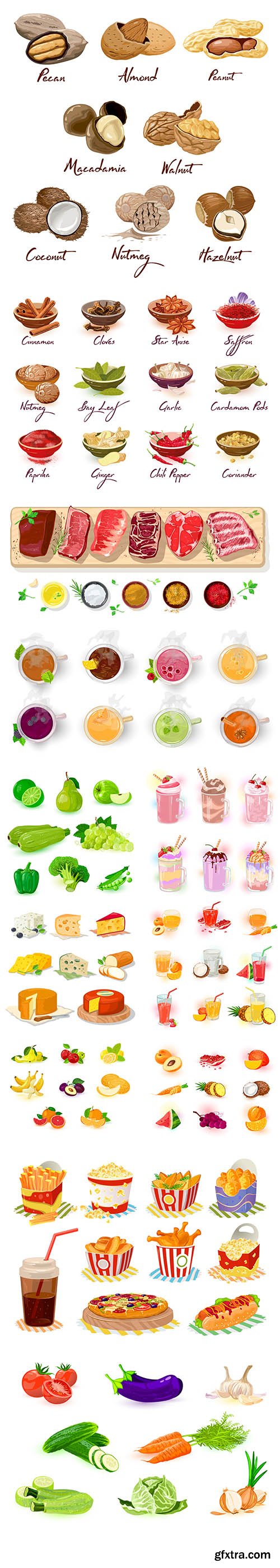 Vector Set of Nuts, Food, Seasonings, Smoothies, Vegetables and Fruits Vector Set of Nuts, Food, Seasonings, Smoothies, Vegetables and Fruits
