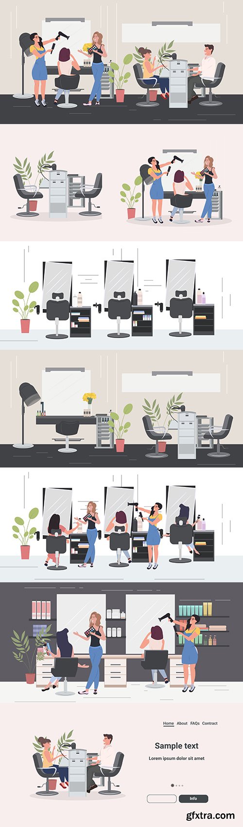 Beauty salon hairdresser with chairs mirrors and furniture flat design
