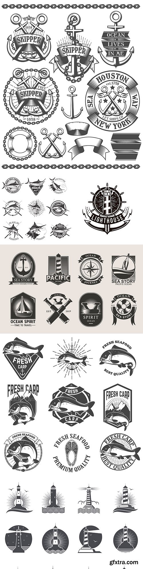 Marine anchor set of labels and design logos
