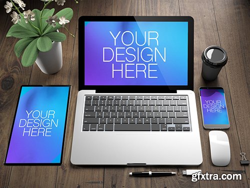 Top View of Devices on Wooden Desk Mockup 209943869