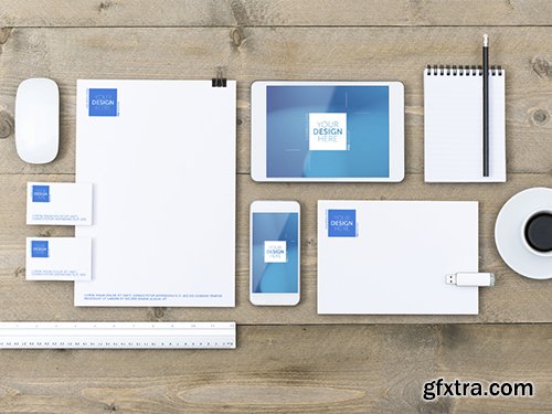 Multiple Devices and Stationery Mockup on Wooden Table 3 189392502