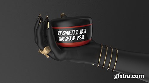 Mockup of cosmetic cream jar on black hand 3d render Mockup of cosmetic cream jar on black hand 3d render