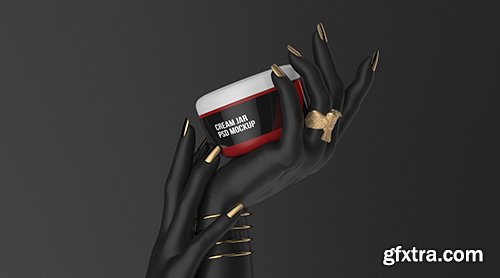 Cosmetic jar whit closed cream on black hand 3d render mockup