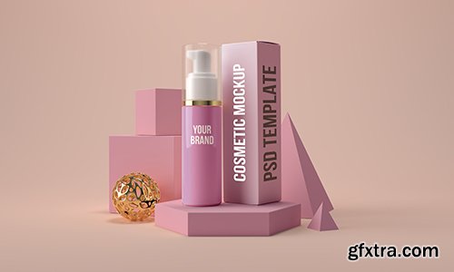 Cosmetic bottle with dispenser and box mockup. beauty skin care product container 3d render 