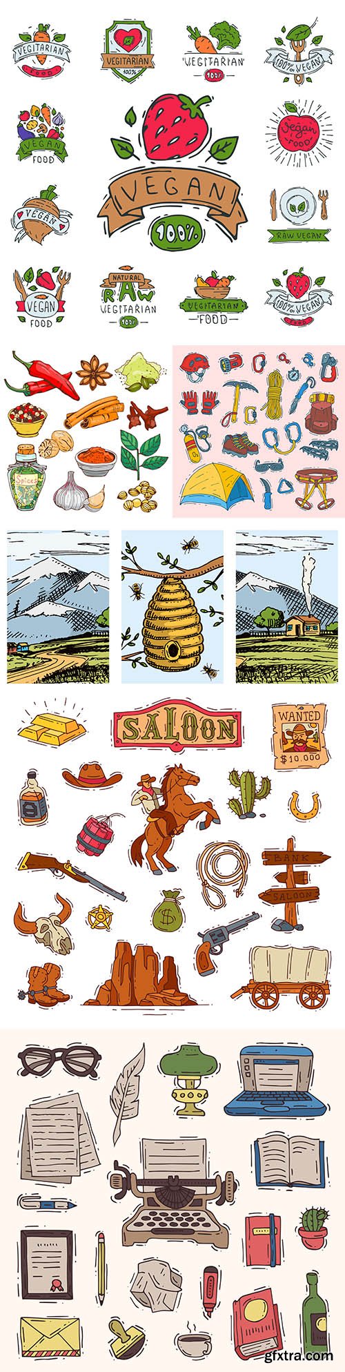 Climbing equipment, cowboy and spices set logo design

