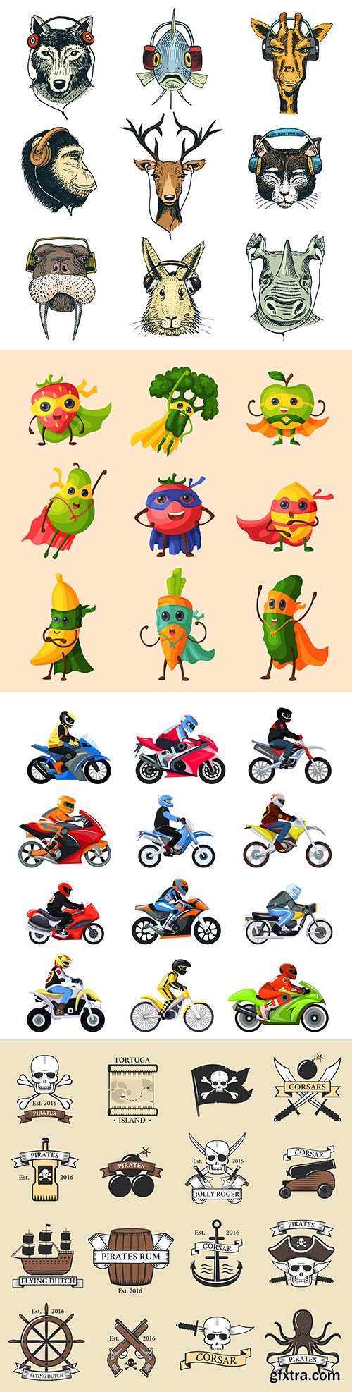 Animals, pirates and fruit set cartoon logo design
