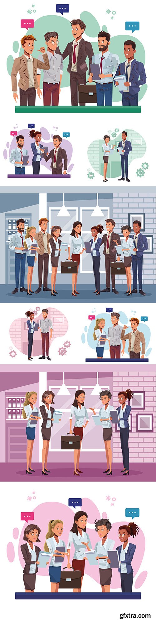 Young business people speak working characters
