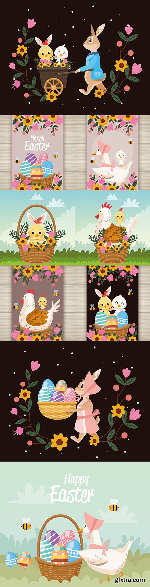 Easter postcard with duck and eggs in basket
