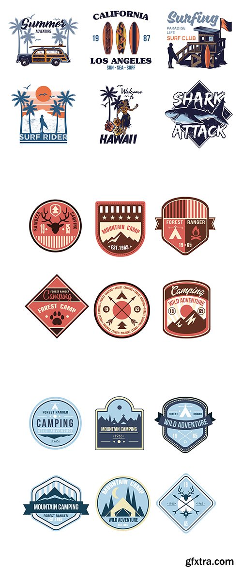 Collection of Vintage Print Summer Hawaii and Outdoor Camp Badges Logo Collection of Vintage Print Summer Hawaii and Outdoor Camp Badges Logo