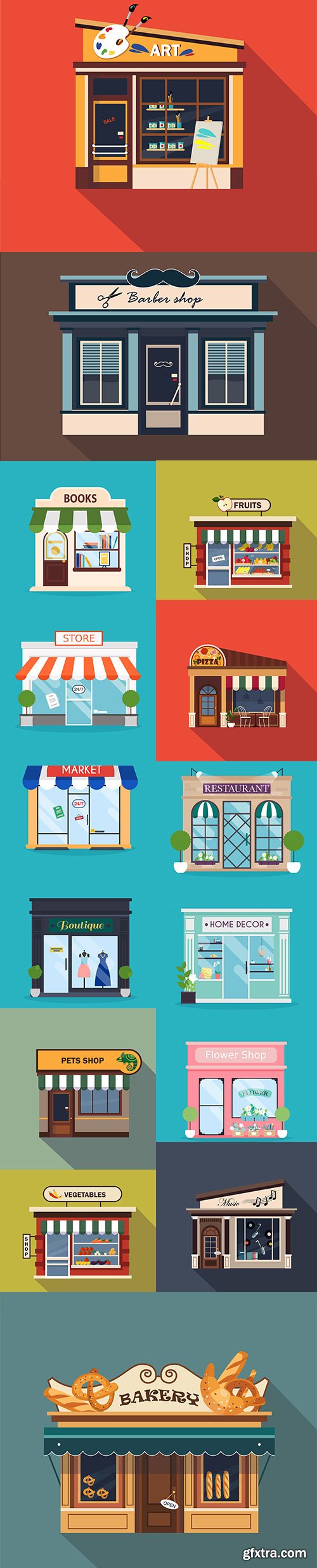 Restaurants and Shops Facade Storefront Detailed Flat Illustration Restaurants and Shops Facade Storefront Detailed Flat Illustration