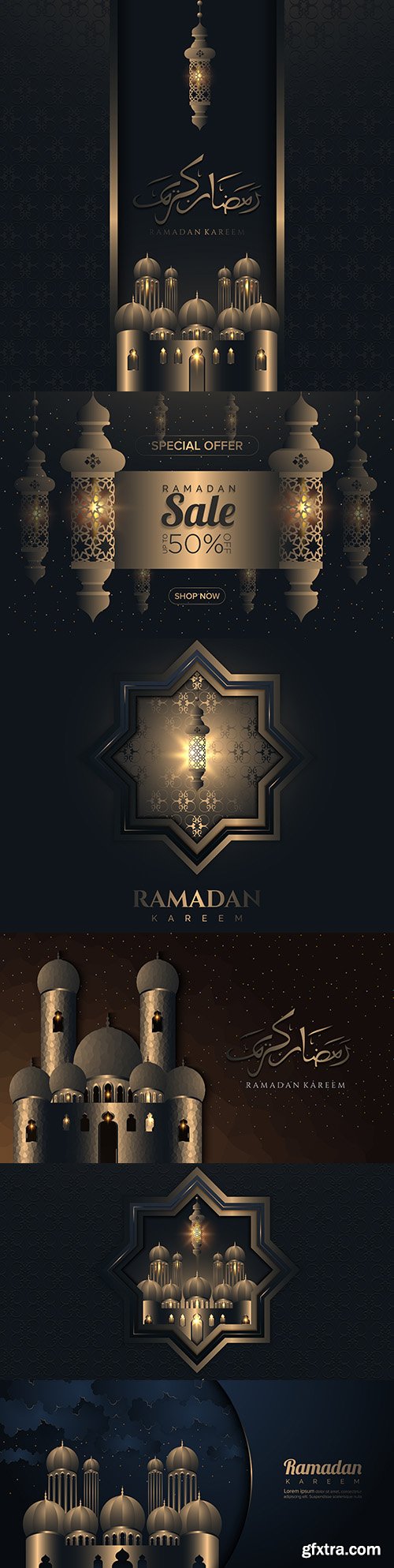 Ramadan Kareem with mosque and night sky background
