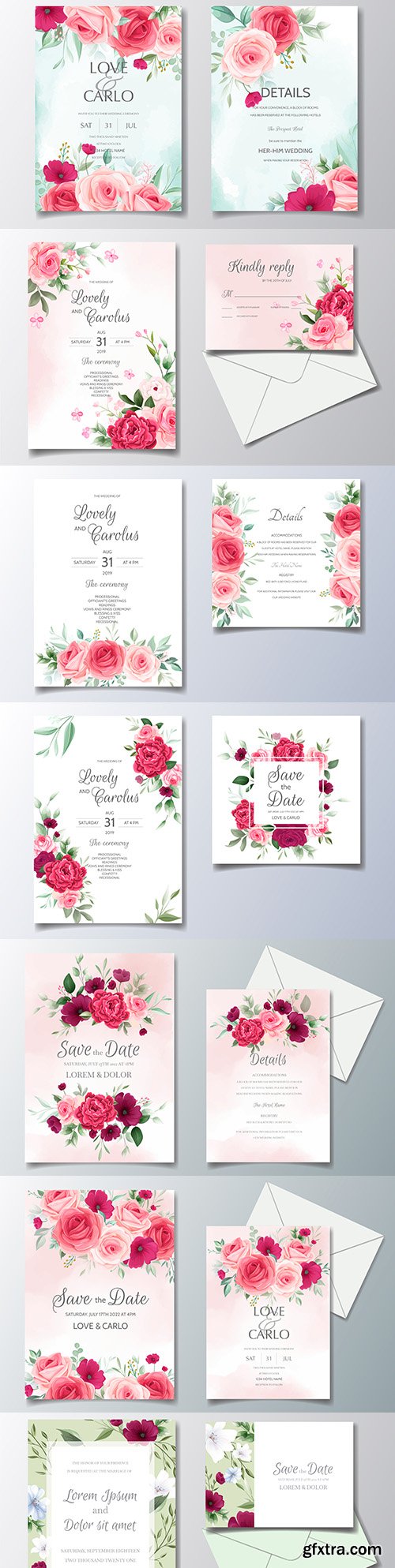 Elegant wedding invitation template with flowers and leaves
