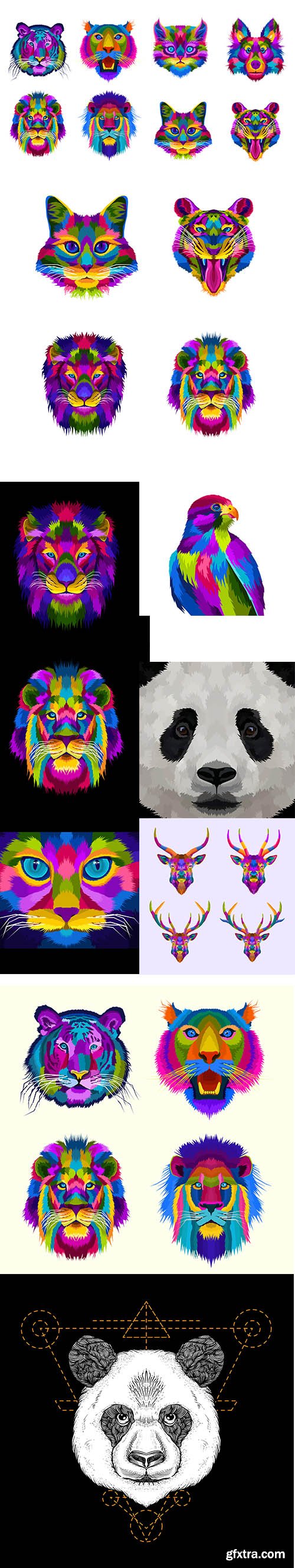 Colorful Set of Head Pop Art Portrait with Animals