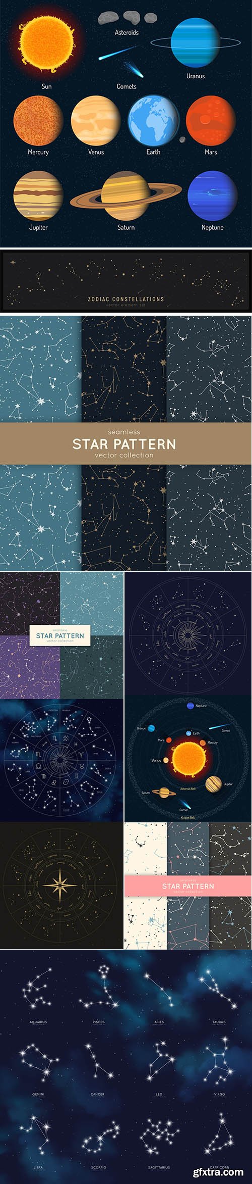 Map Zodiac Constellation & Seamless Star Patterns 10xEPS