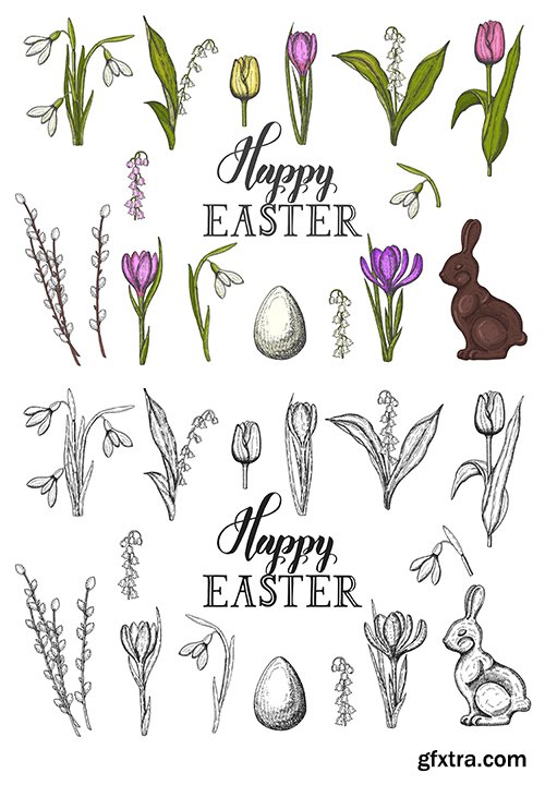 Spring Easter Set with Hand-Drawn Doodle Easter Object