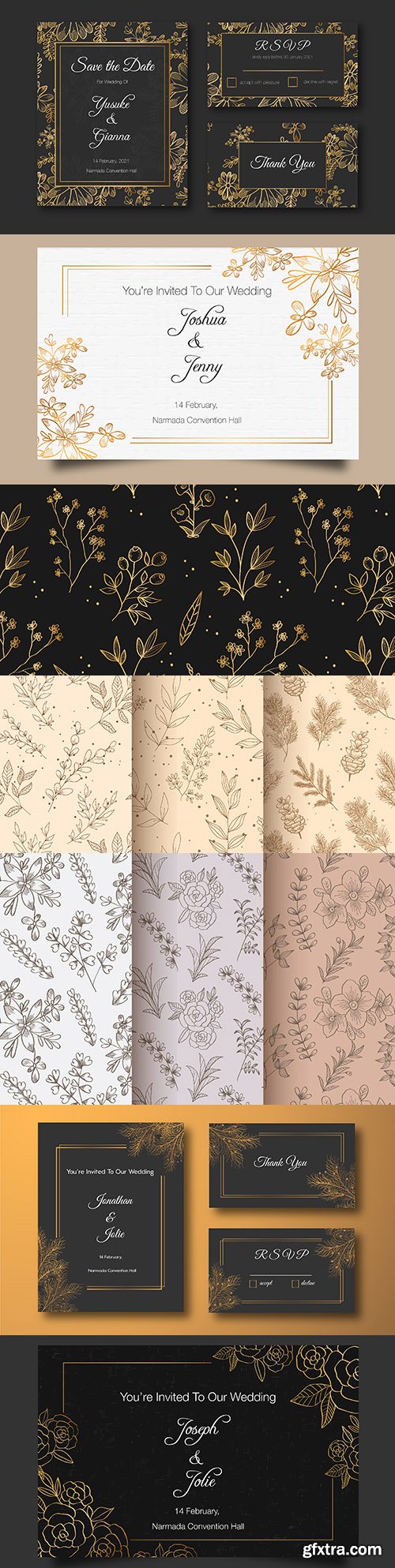 Golden premium painted wedding invitations and color pattern
