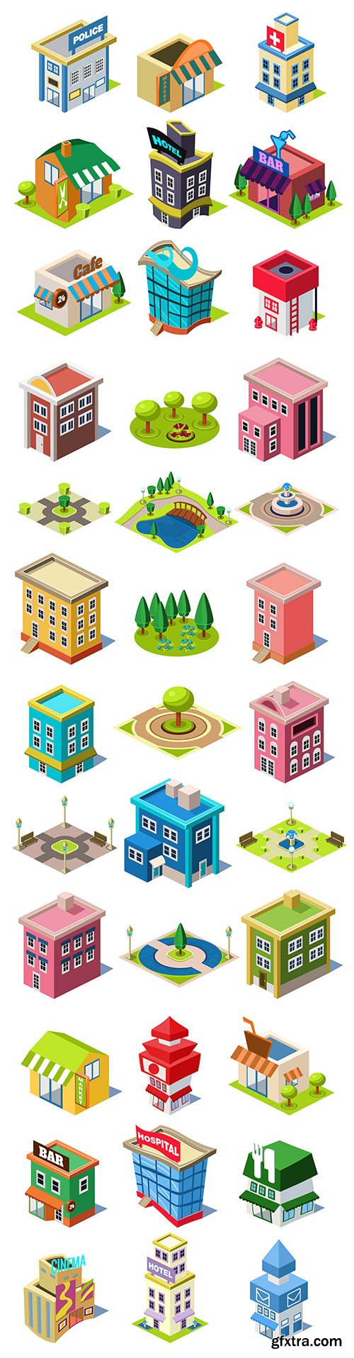 City buildings and shops set of isometric illustrations
