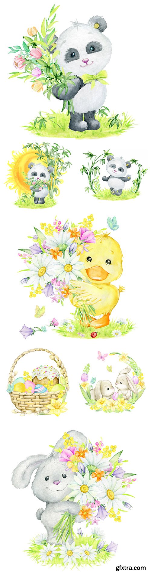Panda, rabbit and Easter basket watercolor illustrations