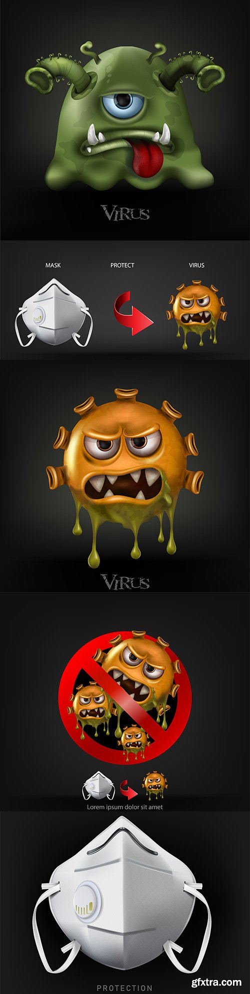 Covid-19 virus cells, bacteria and protective mask