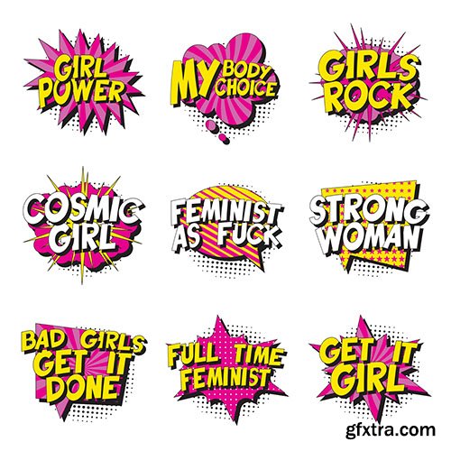 Set of Feminist Slogans Retro Pop Art Style
