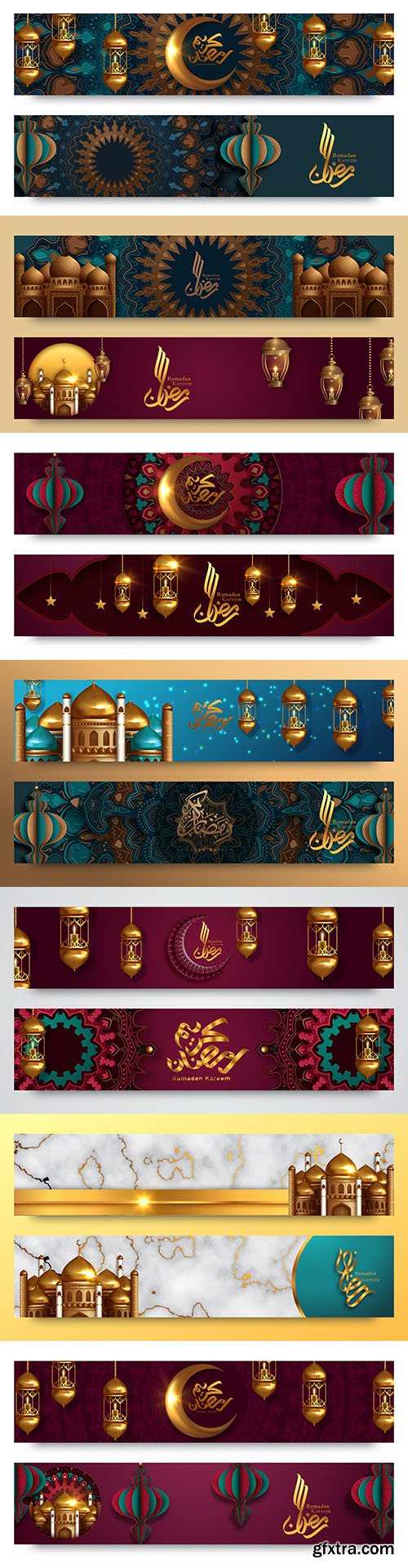 Ramadan Kareem banner lantern and mosque illustration 
