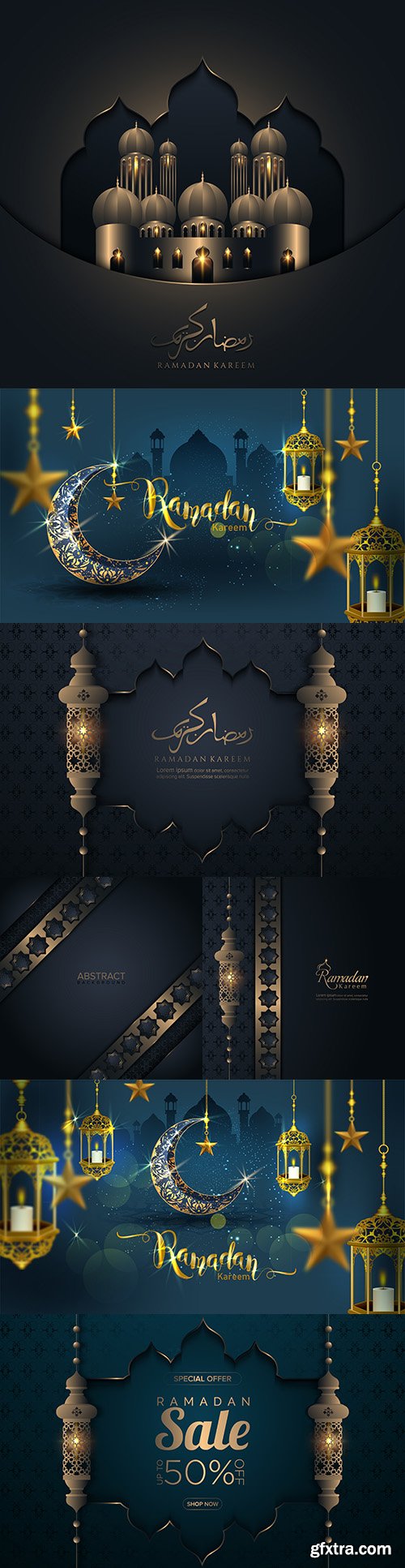 Ramadan Kareem banner golden lantern and mosque illustration
