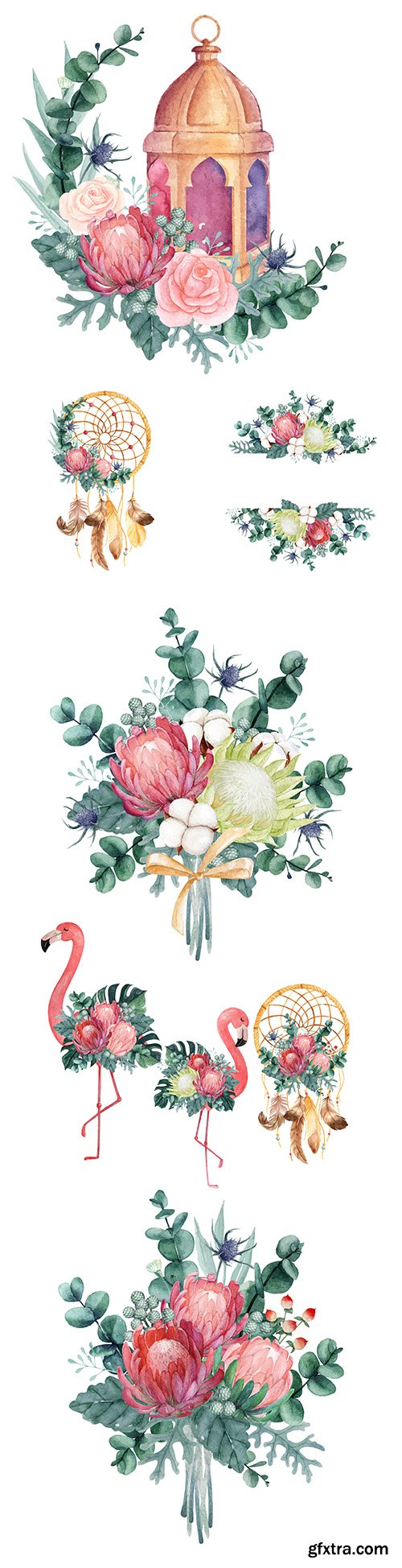 Exotic watercolor flamingo and dream catcher with flowers
