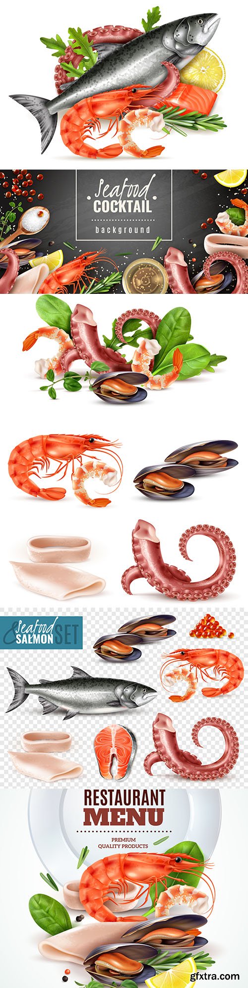Delicious seafood and restaurant menu realistic set
