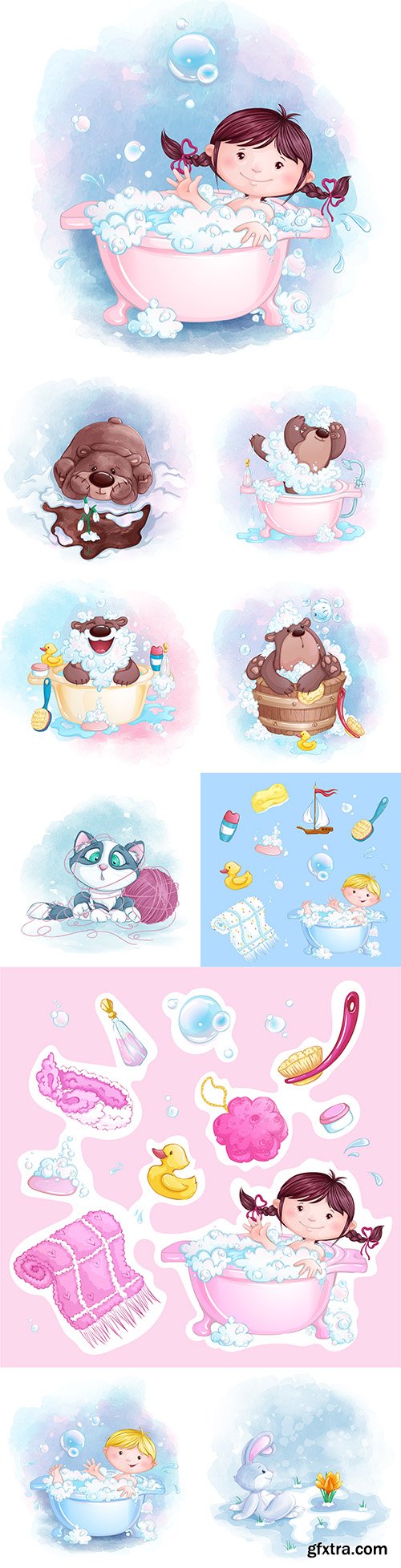 Cute little animals and children bathe in bath soap bubbles
