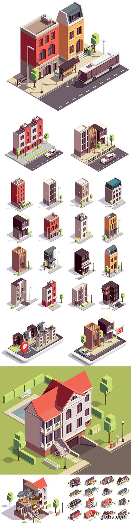 Isometric compositions townhouses overlooking City Street
