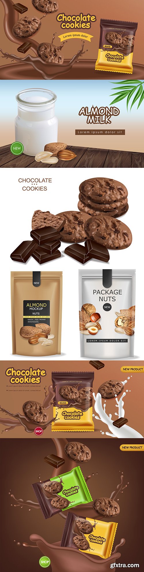 Chocolate cookies 3d realistic layout and almonds
