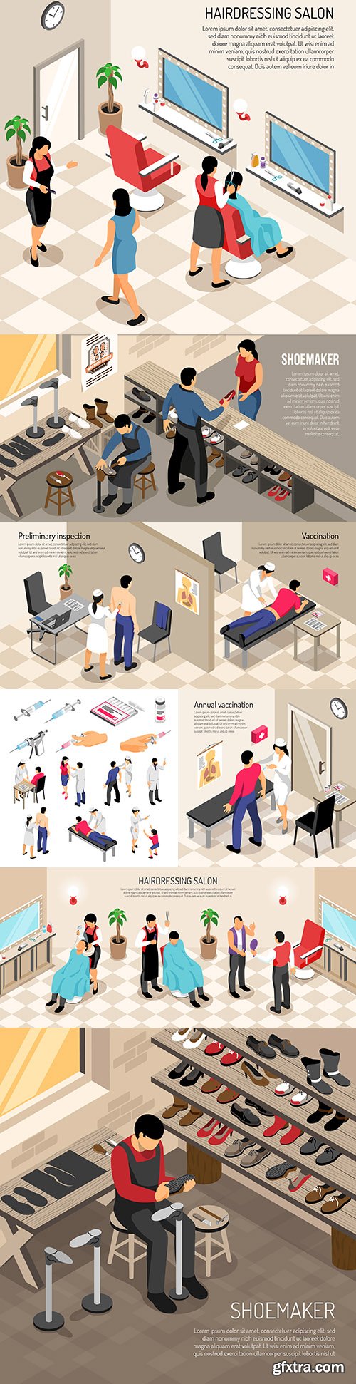 Hairdresser, shoe repair and nurse isometric design
