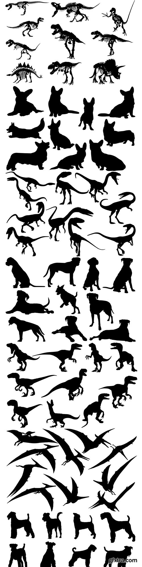 Dinosaur and dogs collection black silhouettes
