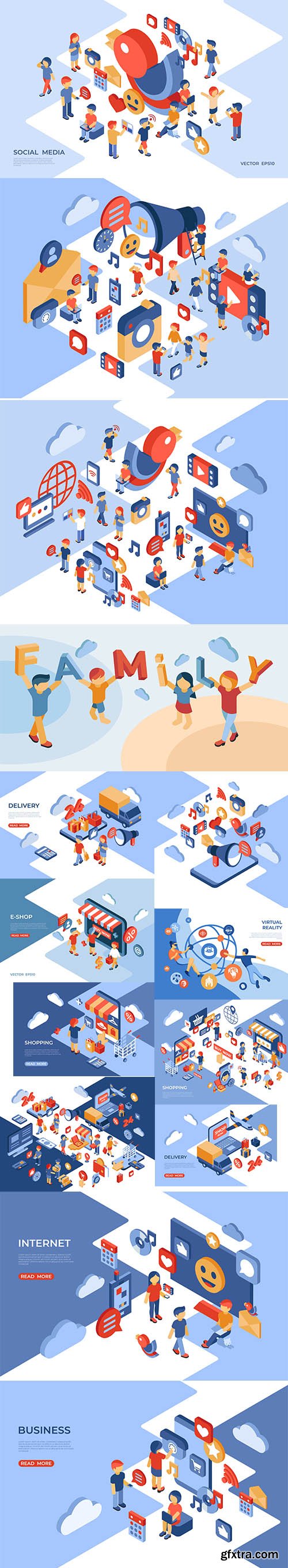 Online Store Isometric Landing Page with Happy People